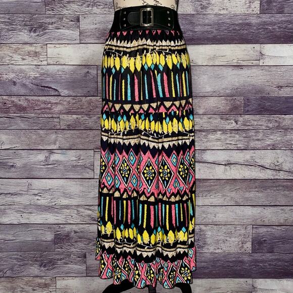 Magic Bright Pink, Yellow, & Blue Boho Pattern Maxi Skirt With Elastic Faux Belt - Picture 9 of 9